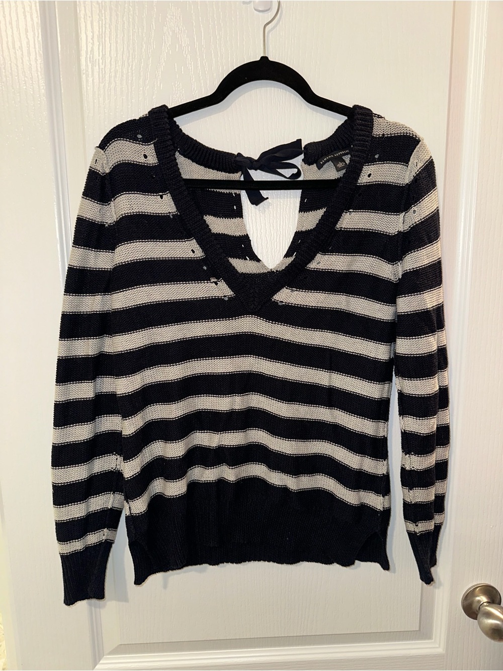 Banana Republic Navy & Cream Striped Open Back Tie Sweater Women’s Large